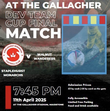 staplehurstmon's tweet photo. The Cup Final tonight!

Support the Dev team battle to win the cup this evening at The Gallagher stadium! 🏟️🎉

🏟 The Gallagher stadium, Maidstone
🆚 Walnut Wanderes
🏆 Invitational Cup
⌚️ 19:45 KO
🎟 £5 cash or £6 card

#upthehurst https://t.co/KLCCpb3h5r