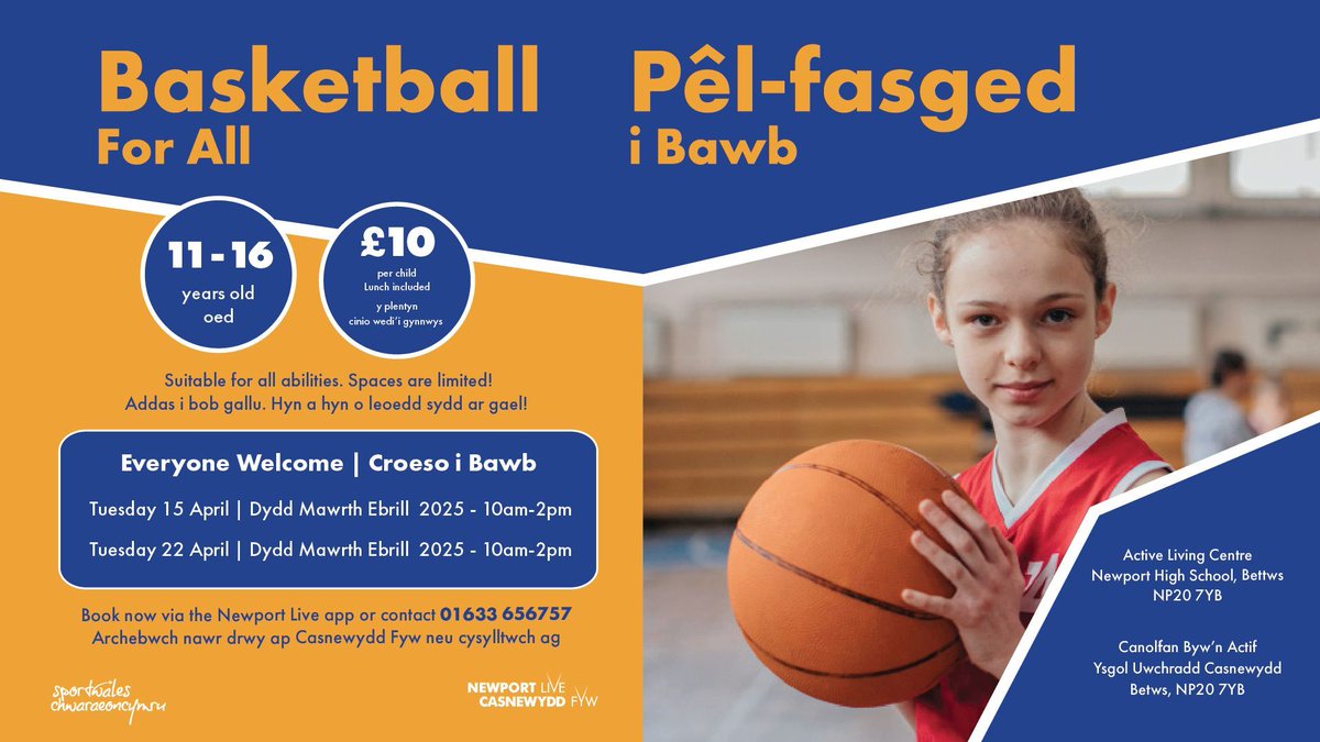 🏀 Basketball for all this Easter! 🏀 

📅 Tuesday 15 and Tuesday 22 April 
📍 Active Living Centre, Bettws
💰 £10 including a packed lunch!
▶️ newportlive.co.uk/holidayactivit…
