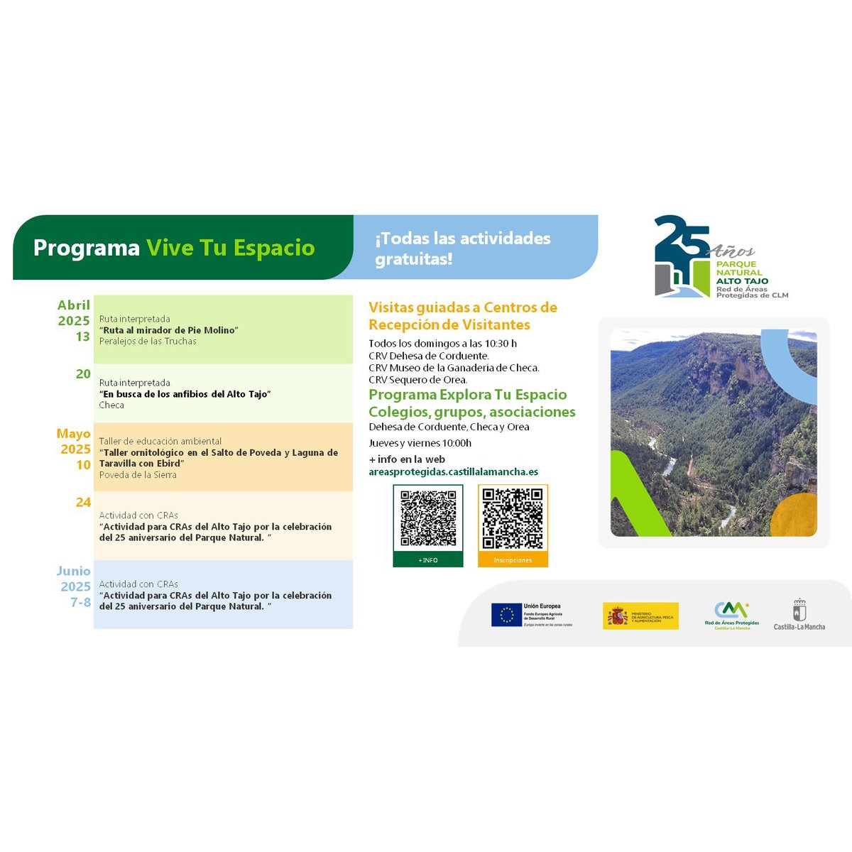 🥳 ¡El Parque Natural del #AltoTajo cumple 25 años y esta primavera viene cargada de actividades para celebrarlo!  
Rutas, talleres de sensibilización ambiental y actividades gratuitas.
➕ areasprotegidas.castillalamancha.es/rap/espacios-n…
🎈¡Feliz 25 aniversario!
#ViveTuEspacio