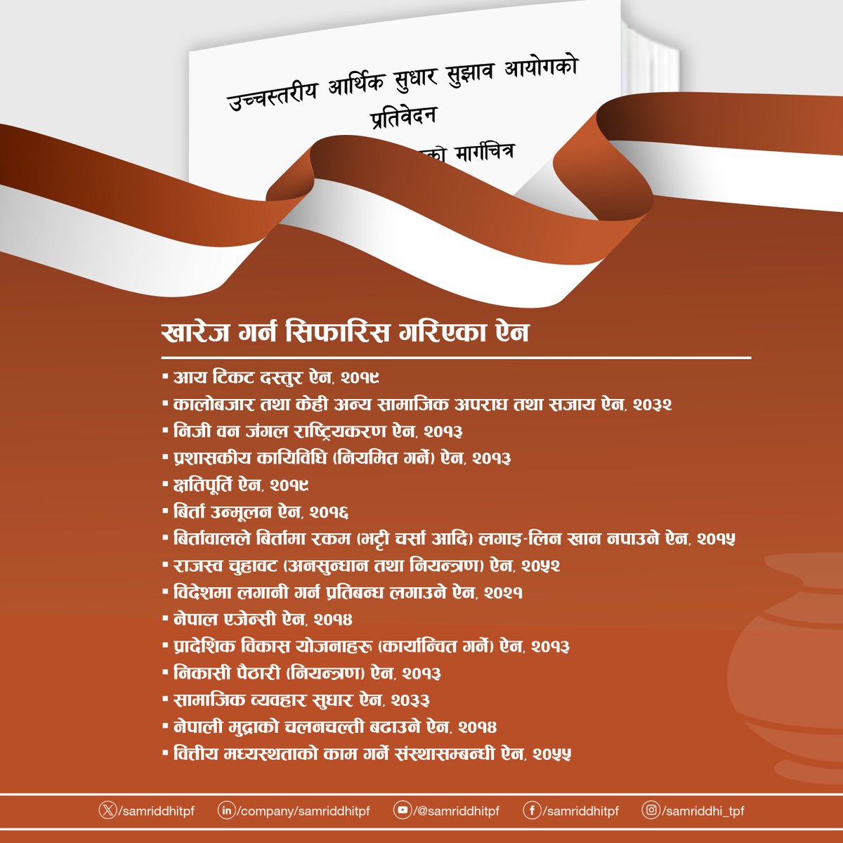 SamriddhiTPF's tweet image. We welcome the High-Level Economic Reform Commission’s report submitted to the Government of Nepal. These recommendations echo many of the reforms we at Samriddhi Foundation have been advocating for—on economic freedom, entrepreneurship, and sound governance.