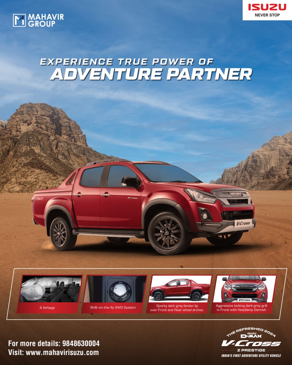 ISUZUHyderabad's tweet image. The Isuzu V-Cross is built for those who demand more with unmatched strength, rugged capability, and commanding road presence.
For more details call: 9848630004. Visit - bit.ly/3J8Gfjp
#MahavirISUZU #Allmighty #Vcross #ISUZUdmaxVcross #ISUZUneverstop #ISUZUmotorsIndia