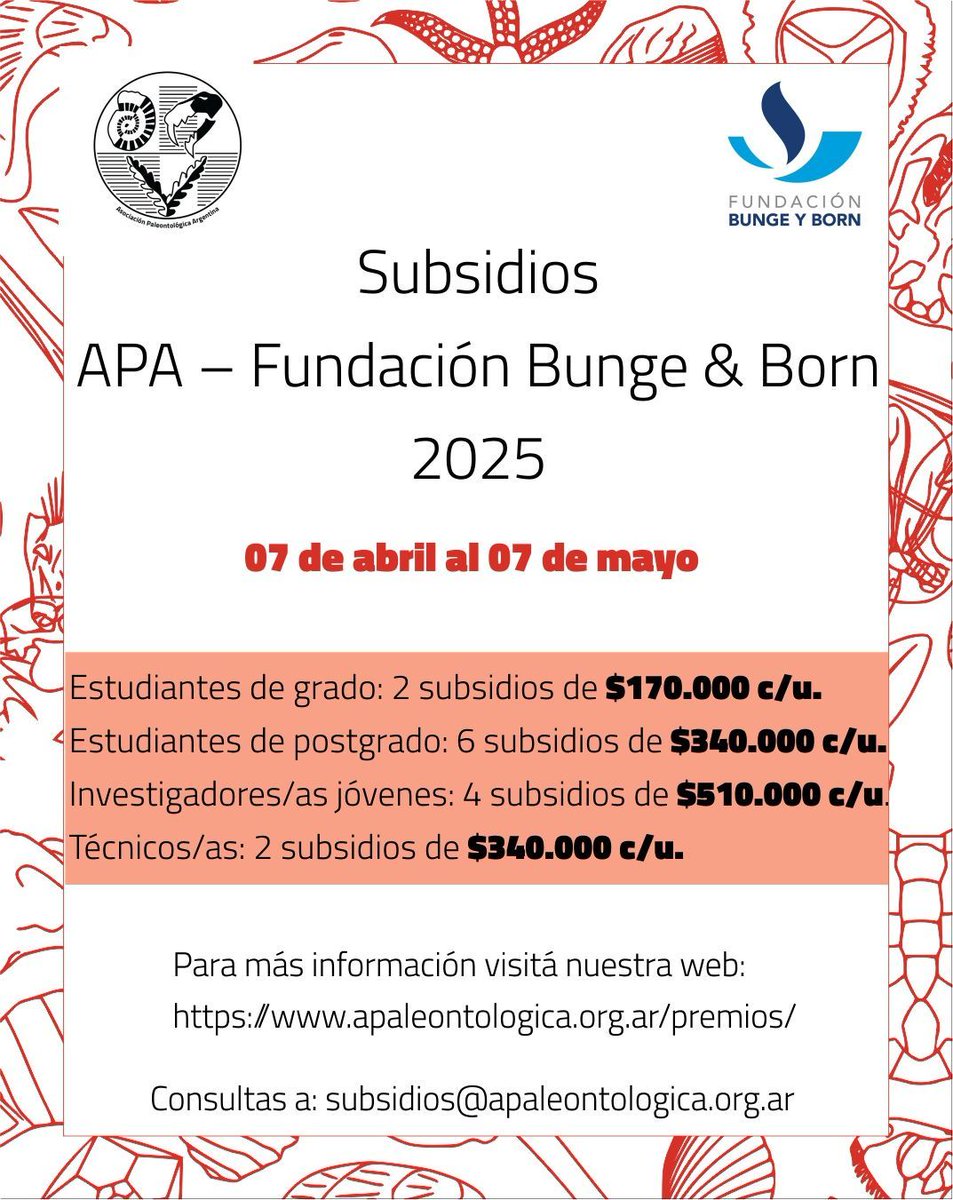 Nos es grato comunicarles que se encuentra abierta la convocatoria de los Subsidios APA – Fundación Bunge &amp; Born @fundacionbungeyborn

📆 del 07 de abril al 07 de mayo.
📝 Inscripción: airtable.com/app1SqSyiTaYPW… 

Pueden encontrar más información en web.
Esperamos sus postulaciones!