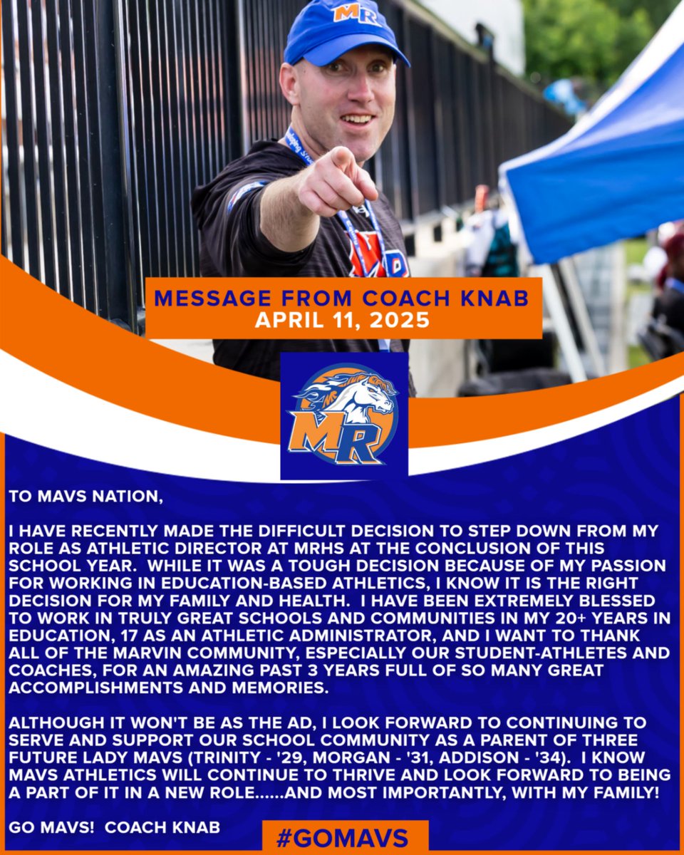 Marvin Ridge Athletics (@mavathletics) on Twitter photo A message from our Athletic Director, Coach Knab.
#GOMAVS
@aghoulihan @ucpsncathletics A message from our Athletic Director, Coach Knab.
#GOMAVS
@aghoulihan @ucpsncathletics