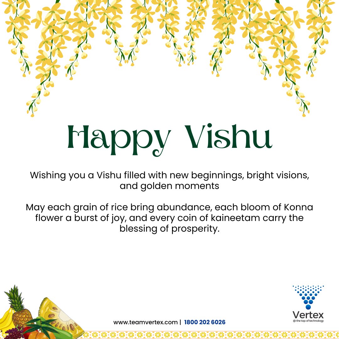 vertex_techsol's tweet image. A new dawn, a fresh vision. As we welcome Vishu with the golden glow of the Vishukkani, may this year unfold with abundance, clarity, and hope.🌼