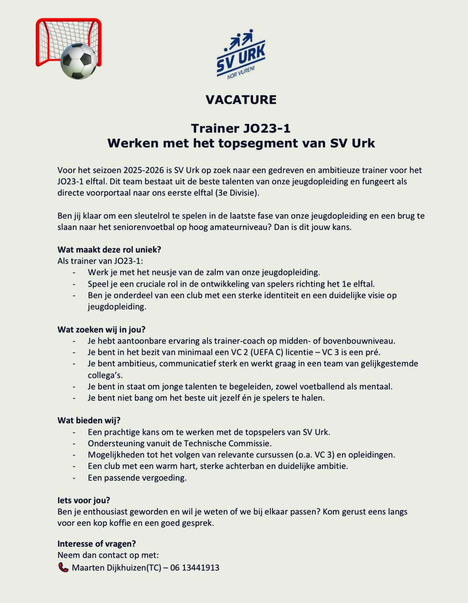 SVURK's tweet image. 📢 Vacature hoofdtrainer SV Urk O23-1

Wil je werken met het topsegment van talenten op Urk!? 

Delen A.U.B. 💪💙🤍 #norvuren