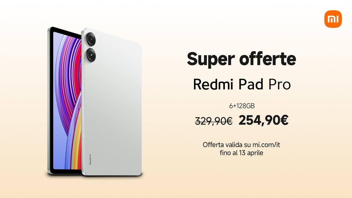 xiaomiItalia's tweet photo. Ultimo giorno per acquistare #RedmiPadPro 6+128GB a un prezzo incredibile! 😍
Da 329,90€ a 254,90€!

Non perdere l'occasione di portarti a casa un tablet potente e versatile a un prezzo straordinario! https://t.co/k8TEYnRYYp https://t.co/xhWqUjq0Dj