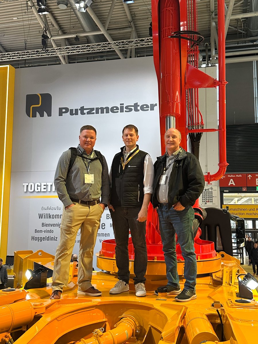 As the BAUMA FAIR continues in Munich, Brundage-Bone veterans Jeff LaBounty and Josh Joiner get a personalized “walk around” of Putzmeister’s new 67-Meter five-section boom from one of Putzmeister’s team leader Matthias Braun.  Great looking pump!
#Brundagebone  #putzmeister