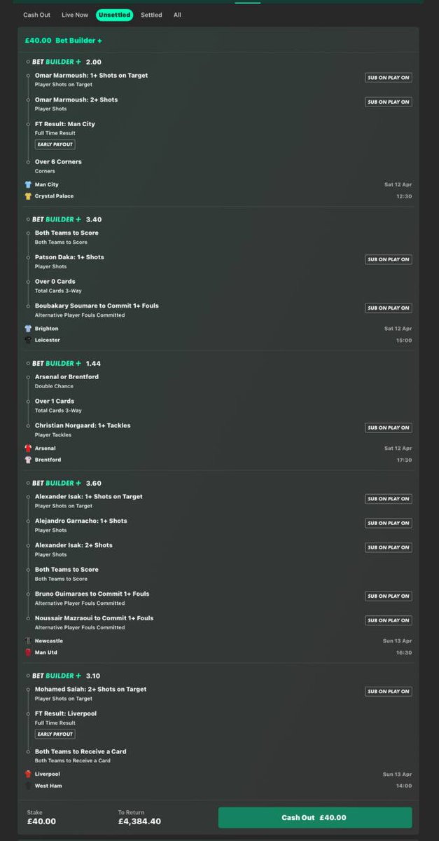DailyBettingPot's tweet photo. £40.00 INTO £4,384.40.00💷😍

PREMIER LEAGUE BET BUILDER ACCA⚽️⚽️

IF THIS WINS I WILL GIVE 1000 TO 2 PEOPLE WHO ❤️AND RETWEET THIS POST.

BRING IT ON🤌 https://t.co/DPMmIf9Jbz