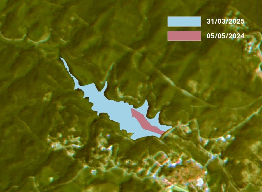 tic's tweet photo. 💧Seguiment del nivell de l'Embassament de Riudecanyes a partir de les imatges del #Menut 🛰️
📷
🔴 05/05/2024: 6% de la superfície de l’embassament coberta per aigua
🔵 31/03/2025: 52,4%
🌍 L’observació per satèl·lit és clau per fer un seguiment dels recursos hídrics https://t.co/5yTI9pF1Bt
