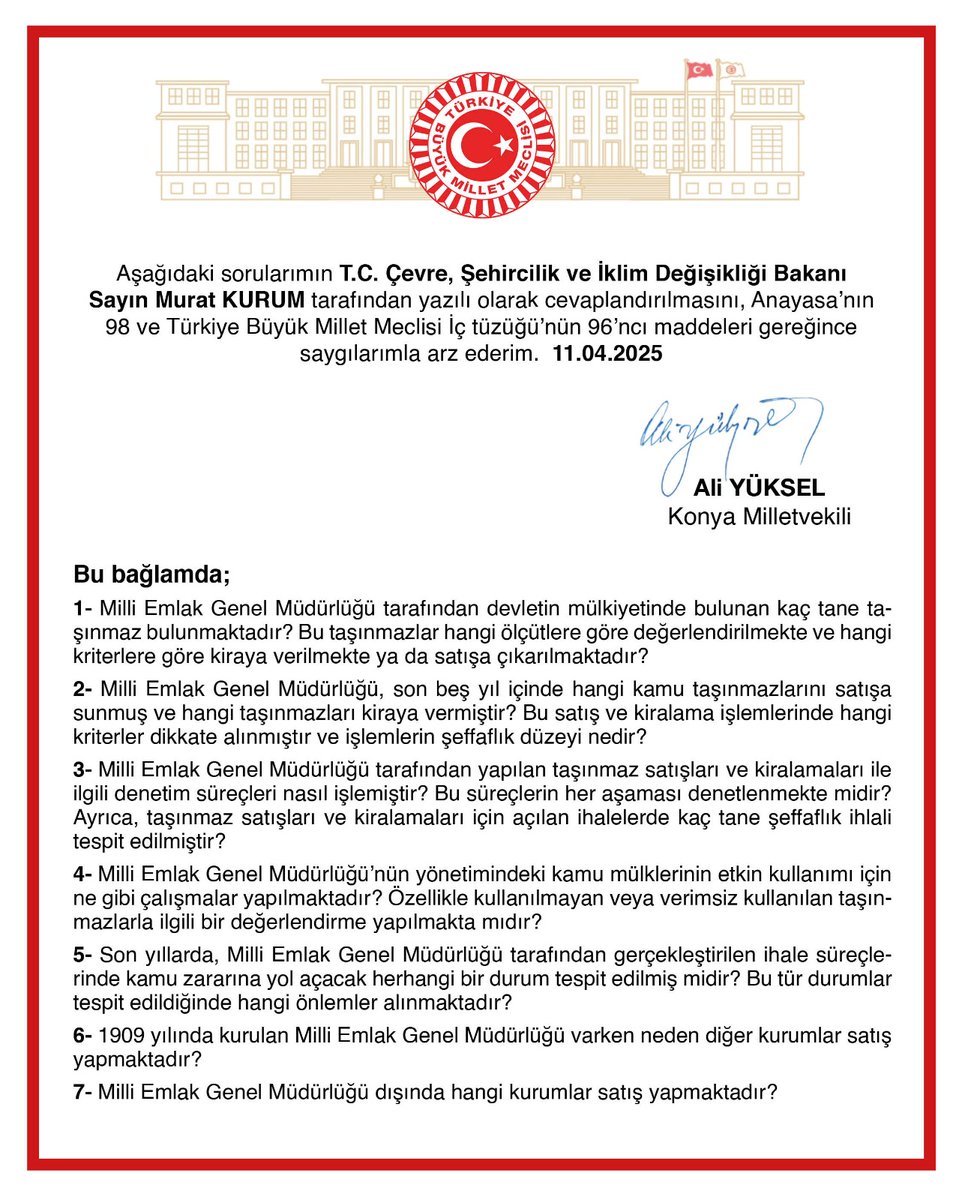 mvaliyuksel42's tweet photo. Devlet Mülkiyetinde ne kadar taşınmaz olduğu, nasıl değerlendirildiği ne kadarı kirada olduğu, ne koşulda kiraya verildikleri, sürecin şeffaf yürütülüp yürütülmediği ve bu süreçte denetim mekanizmasının çalışıp çalışmadığı ile ilgili sorularımızın,  Çevre, Şehircilik ve İklim Değişikliği Bakanı Sayın Murat KURUM tarafından cevaplandırılması üzere TBMM’ye sunduk.

@rprefahpartisi @erbakanfatih 
@murat_kurum