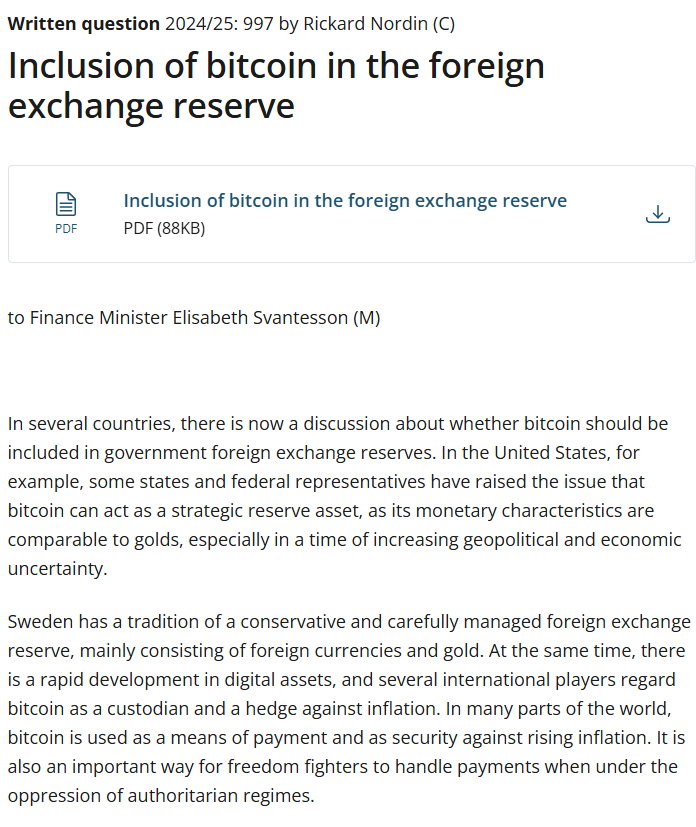 Cointelegraph's tweet photo. 🇸🇪 LATEST: Swedish MP proposes adding #Bitcoin to the country's foreign exchange reserves, inspired by Trump’s March 7 executive order. https://t.co/nzXCypaQLd