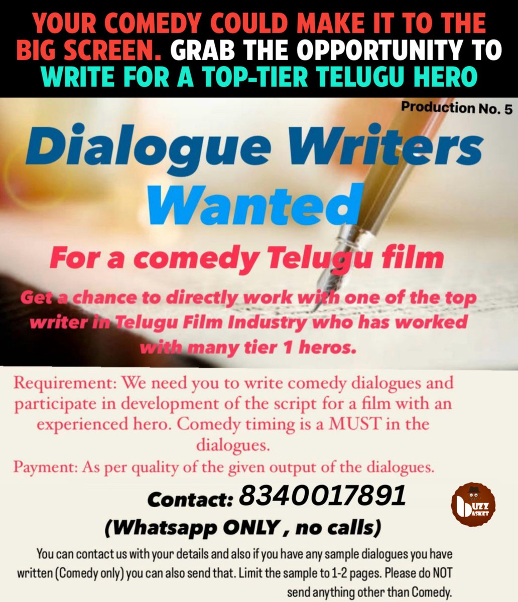 ursBuzzBasket's tweet photo. Grab the opportunity to write for a Top-Tier Telugu Hero 

#Recruitment #DialogueWriter #TeluguCinema #Tollywood #CastingCall https://t.co/j1vB0y74op