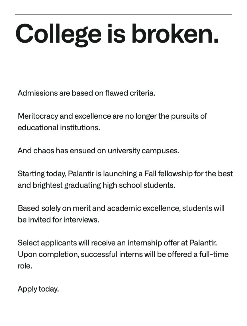 Skip the debt.
Skip the indoctrination.
Get the Palantir Degree.