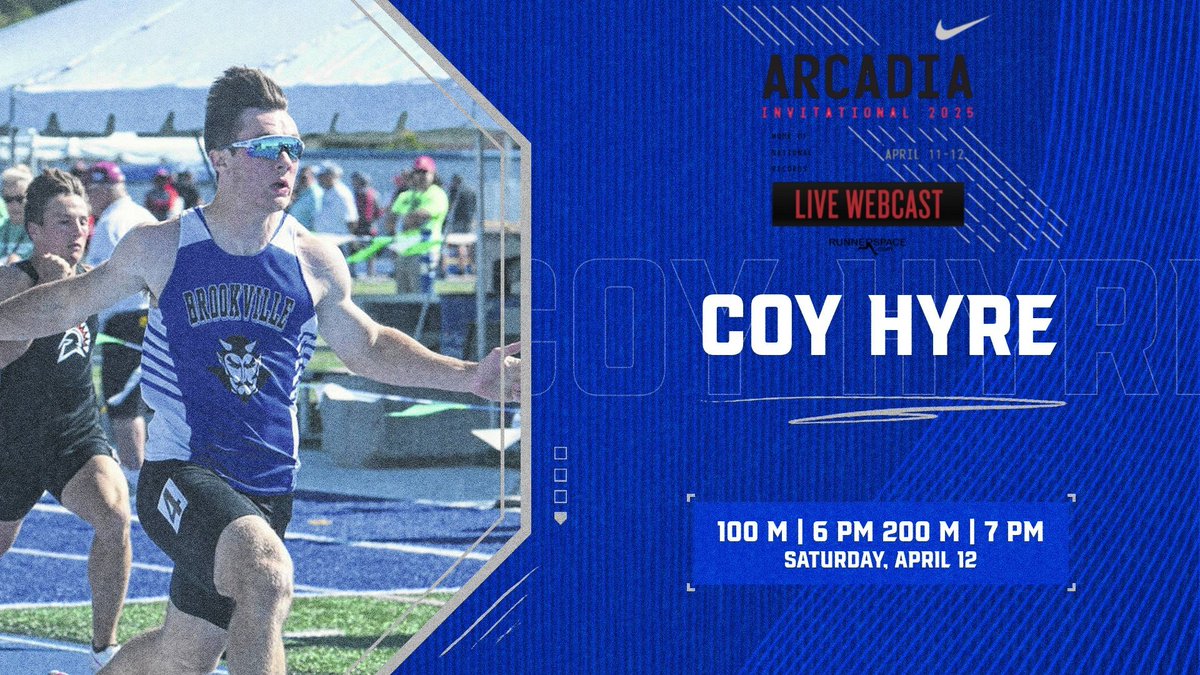 Coy Hyre takes the national stage this weekend at the prestigious Arcadia Invitational in Arcadia, California! Catch Coy in the 100m and 200m events this Saturday, April 12th at 6 PM &amp; 7 PM (EST)  streamed FREE at the link below! 
arcadiainvitational.org/eprofile.php?e…
