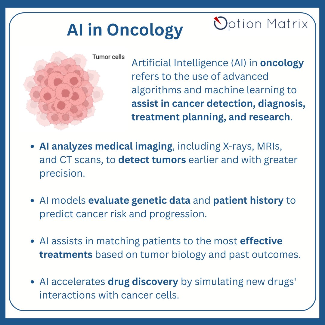 OptionMatrix25's tweet image. Turning data into diagnosis — AI is transforming oncology with faster detection, smarter treatment, and accelerated drug discovery. 💡🧬 
#AIinHealthcare #OncologyInnovation #CancerTech