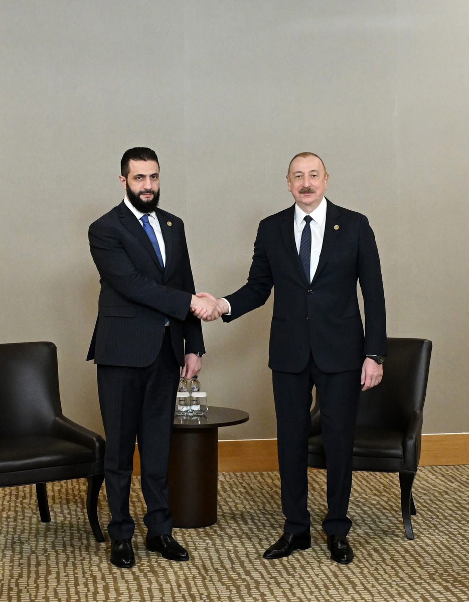 Beautiful moment at the Antalya Diplomacy Forum. Aliyev can reiterate that he hopes Jolani isn’t pro-Armenian in the slightest, and Jolani can assure Aliyev that AZ helping Israel continue its attacks on Gaza by funnelling AZ oil to Israel through Turkey doesn’t bother him.