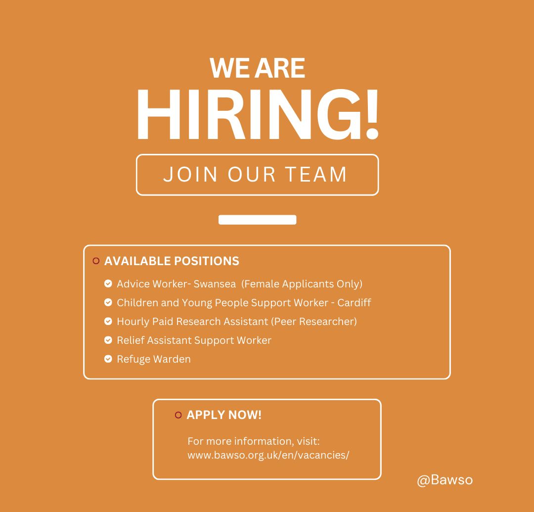 Looking for a fulfilling new job? Then come and join us.
Our mission is to be the leading provider and advocate for specialist services for BME communities affected by abuse, violence and exploitation.

Good news – we are hiring! #Linkinbio
#Jobs #JobOpportunity #JoinOurTeam