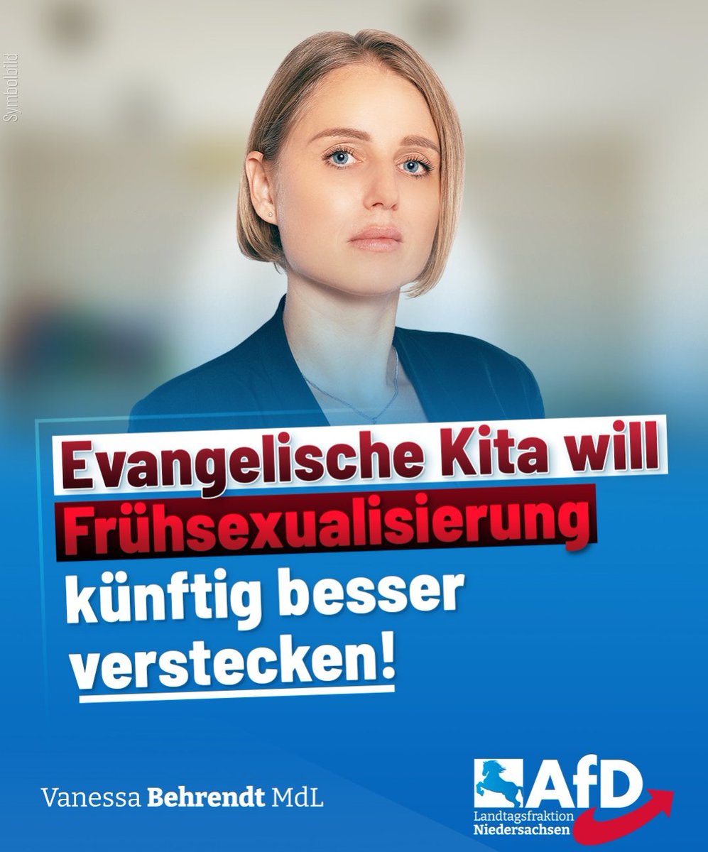 MdlBehrendt's tweet photo. ++ Evangelische Kita will Frühsexualisierung künftig besser verstecken! ++

Zweijährige sollen „ihre Genitalien als Lustquelle und deren Stimulation durch eigene Berührungen“ entdecken.

„Solche Sätze fanden sich nicht etwa auf der Website von Pädoaktivisten, sondern im offiziellen Konzept einer niedersächsischen Kita“, kritisiert Vanessa Behrendt, familienpolitische Sprecherin der AfD-Fraktion Niedersachsen. „Besorgte Eltern haben mich darauf aufmerksam gehabt. Nach meiner öffentlichen Kritik wurden die Passagen panisch gelöscht.“

Doch Schuldbewusstsein? Von wegen!

Der Superintendent des evangelischen Kirchenkreises, Joachim Cierpka, bezeichnet das skandalöse Sex-Konzept als „durchdacht“ und erklärt schnippisch, dass „zu dessen Verständnis eine pädagogische Grundbildung nötig sei, über die nicht jeder verfüge.“

„Zur Erinnerung“, mahnt Behrendt, „Es geht um frühkindliche Masturbation in Kitakonzepten. Eine Journalistin der Neuen Osnabrücker Zeitung forderte, ich sollte lernen, so etwas einfach zu akzeptieren.

Ich verspreche ihr und allen anderen: Das werde ich selbstverständlich genauso wenig wie die zehntausenden Eltern, die ebenfalls keine woke Kentler-Ideologie für ihre Kinder wollen.

Dass die Kita die Passagen zwar gelöscht hat, aber sie lediglich umformulieren will, damit nicht jeder sofort erkennt, was dahintersteckt, ist ein Skandal für sich. Frühsexualisierung muss nicht besser versteckt, sondern konsequenter offengelegt und aus Kitas verbannt werden.“