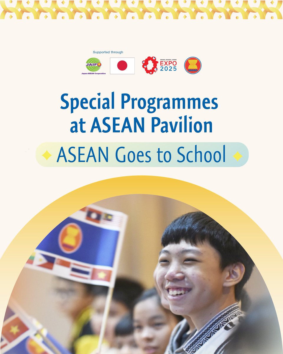 ASEAN's tweet photo. We are 2 days away from the opening of ASEAN Pavilion at the World Expo 2025 Osaka!

The excitement is building, and we can’t wait to 
welcome visitors to experience the vibrancy, creativity, and innovation that ASEAN has to offer. 

As part of our special programmes, we are providing unique opportunities for cultural exchange, media engagement, and artistic collaboration throughout the Expo.

The ASEAN Goes to School programme will invite Japanese students to explore ASEAN’s initiatives through interactive activities, helping them connect with ASEAN’s rich and diverse culture.

We will also invite journalists from ASEAN Member States for the ASEAN Media Fellowship, a week-long journey where they will capture the Pavilion’s highlights and foster regional media connections.

Lastly, the ASEAN Artist Residency Programme will feature Southeast Asia’s emerging talents. Over a month, artists will create artwork and conduct workshops to introduce Southeast Asia’s culture.

📍Don’t forget to visit ASEAN Pavilion at the World Expo 2025!

🔗Learn more about ASEAN Secretariat Participation at the World Expo 2025: https://t.co/kNApoUuWcU

The ASEAN Pavilion at the World Expo 2025 Osaka is supported through 
the #JapanASEANIntegrationFund (#JAIF).

#ASEANPavilion
#ASEANWorldExpo2025Osaka
#BuildingBridgeswithASEAN