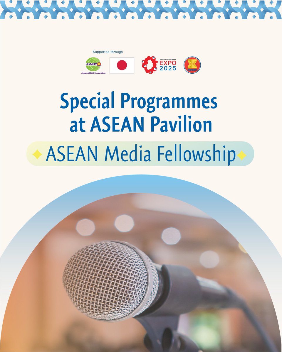 ASEAN's tweet photo. We are 2 days away from the opening of ASEAN Pavilion at the World Expo 2025 Osaka!

The excitement is building, and we can’t wait to 
welcome visitors to experience the vibrancy, creativity, and innovation that ASEAN has to offer. 

As part of our special programmes, we are providing unique opportunities for cultural exchange, media engagement, and artistic collaboration throughout the Expo.

The ASEAN Goes to School programme will invite Japanese students to explore ASEAN’s initiatives through interactive activities, helping them connect with ASEAN’s rich and diverse culture.

We will also invite journalists from ASEAN Member States for the ASEAN Media Fellowship, a week-long journey where they will capture the Pavilion’s highlights and foster regional media connections.

Lastly, the ASEAN Artist Residency Programme will feature Southeast Asia’s emerging talents. Over a month, artists will create artwork and conduct workshops to introduce Southeast Asia’s culture.

📍Don’t forget to visit ASEAN Pavilion at the World Expo 2025!

🔗Learn more about ASEAN Secretariat Participation at the World Expo 2025: https://t.co/kNApoUuWcU

The ASEAN Pavilion at the World Expo 2025 Osaka is supported through 
the #JapanASEANIntegrationFund (#JAIF).

#ASEANPavilion
#ASEANWorldExpo2025Osaka
#BuildingBridgeswithASEAN