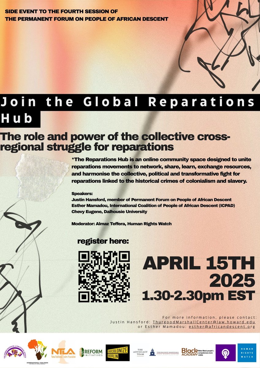 Want to join the GLOBAL REPARATIONS HUB?

It is an online community space looking to unite #reparations movements worldwide. <a href="/hrw/">Human Rights Watch</a> supports the creation of this grassroots-led space.

Register for this UN side event on April 15 at 1:30-2:30pm EST on zoom 👉 us02web.zoom.us/meeting/regist…