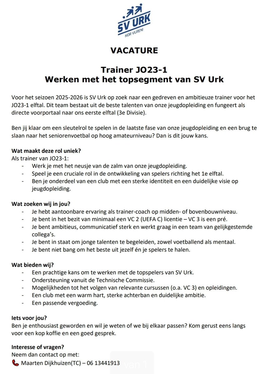 VACATURE ALERT! <a href="/SVURK/">Sportvereniging Urk</a>