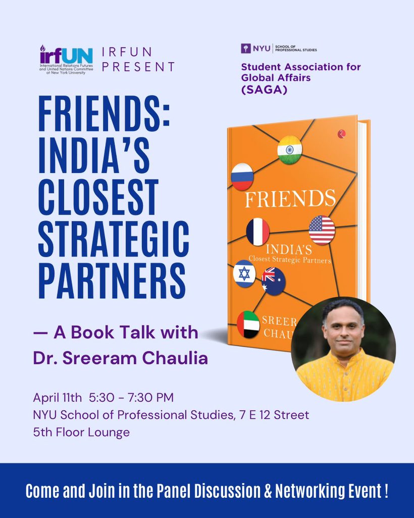 If you are in #NewYorkCity and would like to learn about the world’s most prominent rising power, #India, and its #ForeignPolicy and #diplomacy, please come to the New York University (NYU) School of Professional Studies in #Manhattan this evening at 5:30 PM. It promises to be a