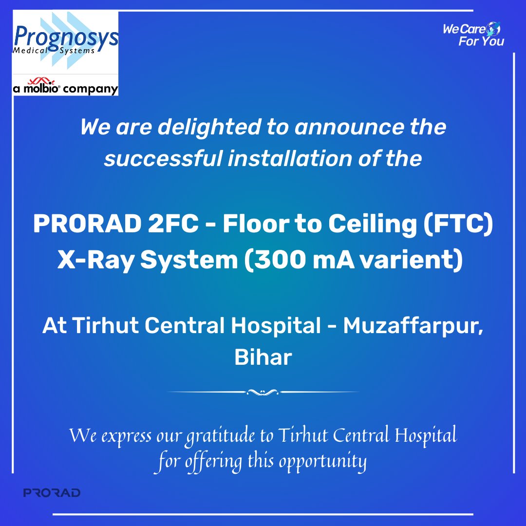 Prognosys_info's tweet image. Our team led by Service Engineer - Ram Vishwakarma has successfully completed the installation of PRORAD 2FC - Floor to Ceiling (FTC) 300 mA at Tirhut Central Hospital - Muzaffarpur, Bihar.

#PROGNOSYS #PRORAD #xray #happycustomers #healthcaresolutions #sea #asia #emea #americas