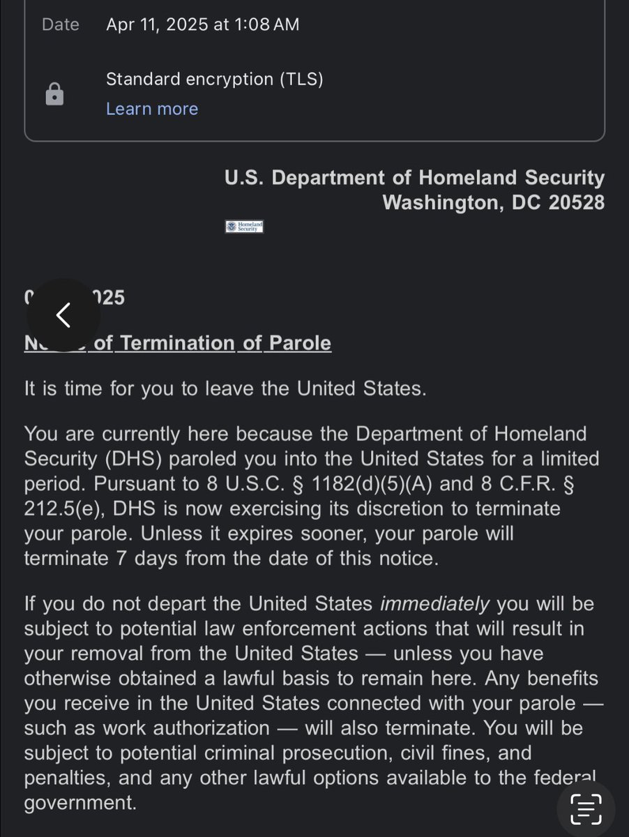 BridgetCambria8's tweet image. Welp. This morning (at 1am) my US citizen wife received an email notice revoking her (never applied for) “parole?” and instructing her to immediately leave the United States.