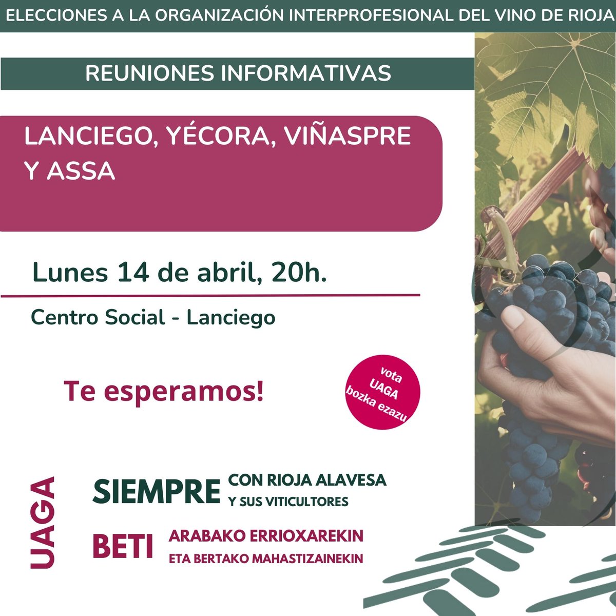 UAGAiNFO's tweet photo. Recuerda, mañana te esperamos! #viticultura #RiojaAlavesa #DOcRioja https://t.co/0kwz6fcASA