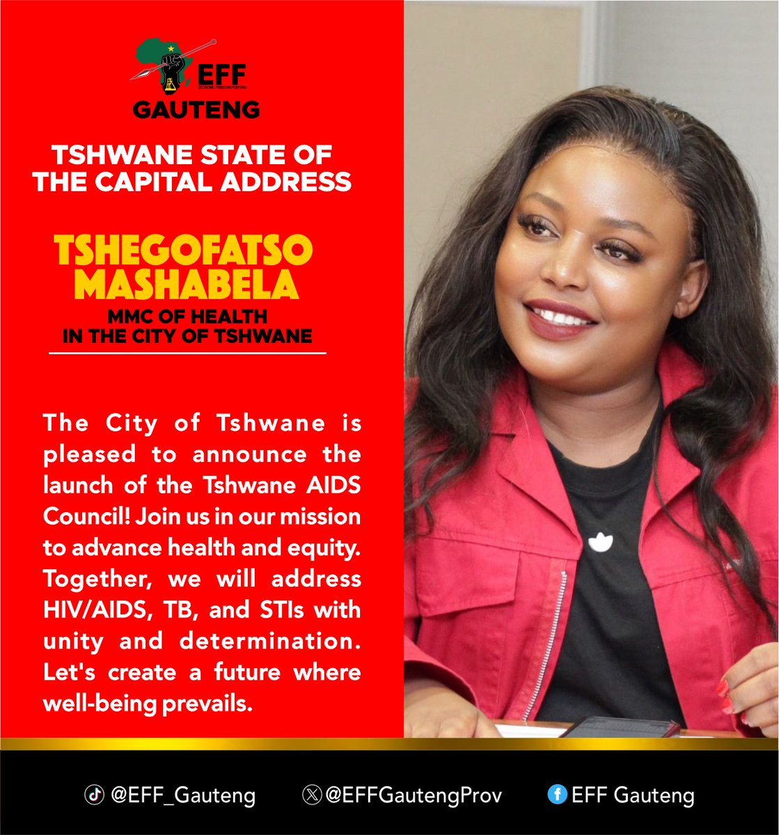 EFFGautengProv's tweet photo. 🚨EFF In Government🚨

The EFF Government in Tshwane has launched the AIDS Council that will address HIV/AIDS, TB, and STIs with dignity and while also educating society about these diseases and eliminating the existing stigma.

#EFFinGovernment https://t.co/JuB3B4d2Uu