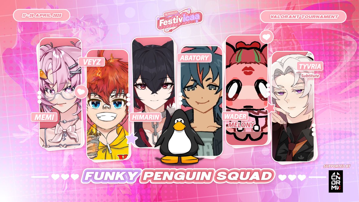 CNDRMW_Prod's tweet photo. 8. Funky Penguin Squad (FPS)

Himarin (Twitch : himarin_ch)
Memi (@Memiversal) 
Veyz (TikTok : veyzuu) 
Abatory (@Abarotii) 
WaderMelony (@WaderMelony) 
Tvyria (@Tvyria)(Sub)  

#FPSWIN #Festivcaa #CNDRMW #VtuberID #ValorantIndonesia #Valorant https://t.co/LyZ0jSa19L
