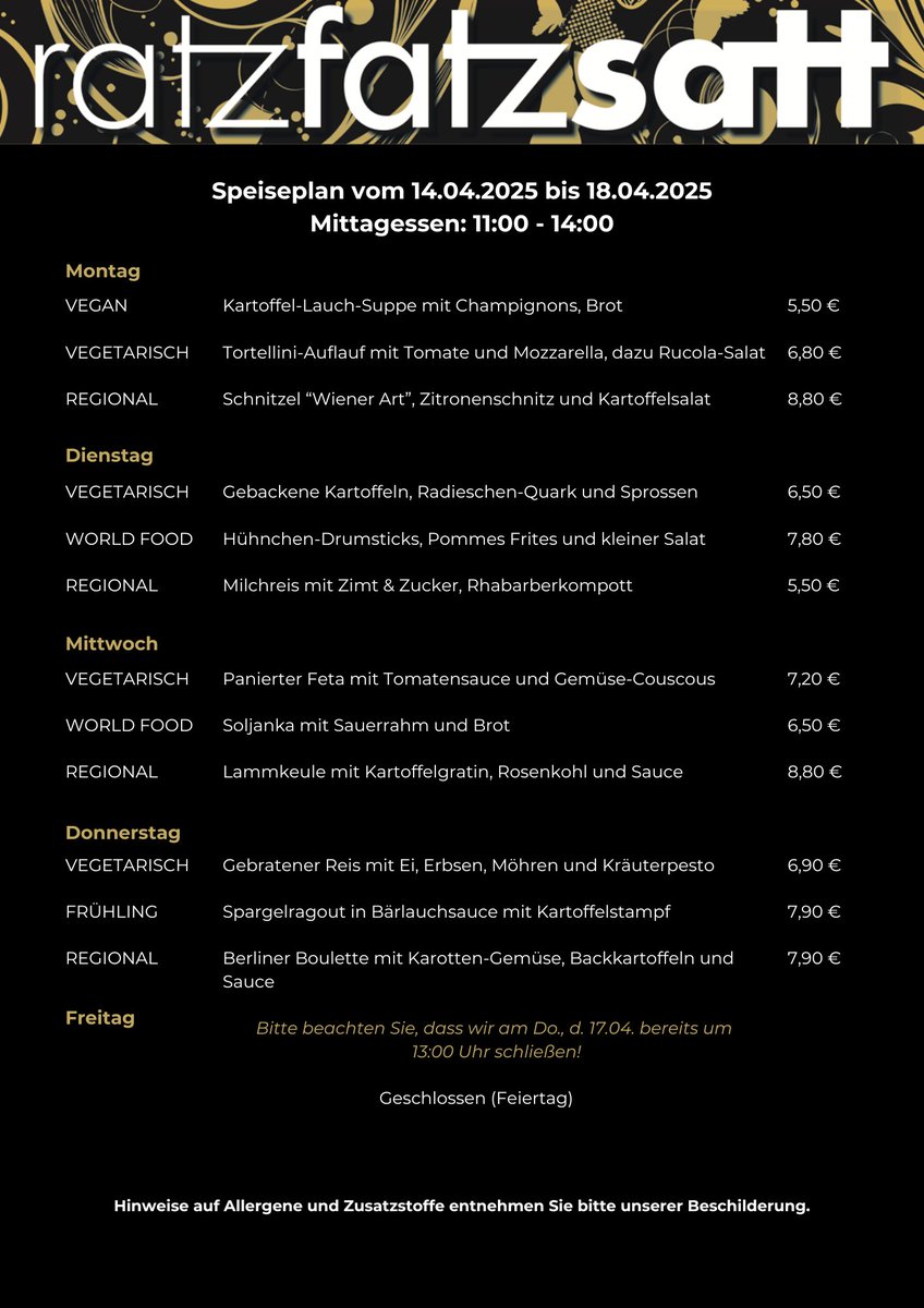 Unsere Karte für nächste Woche. Wir freuen uns auf euren Besuch!
#ratzfatzsatt
