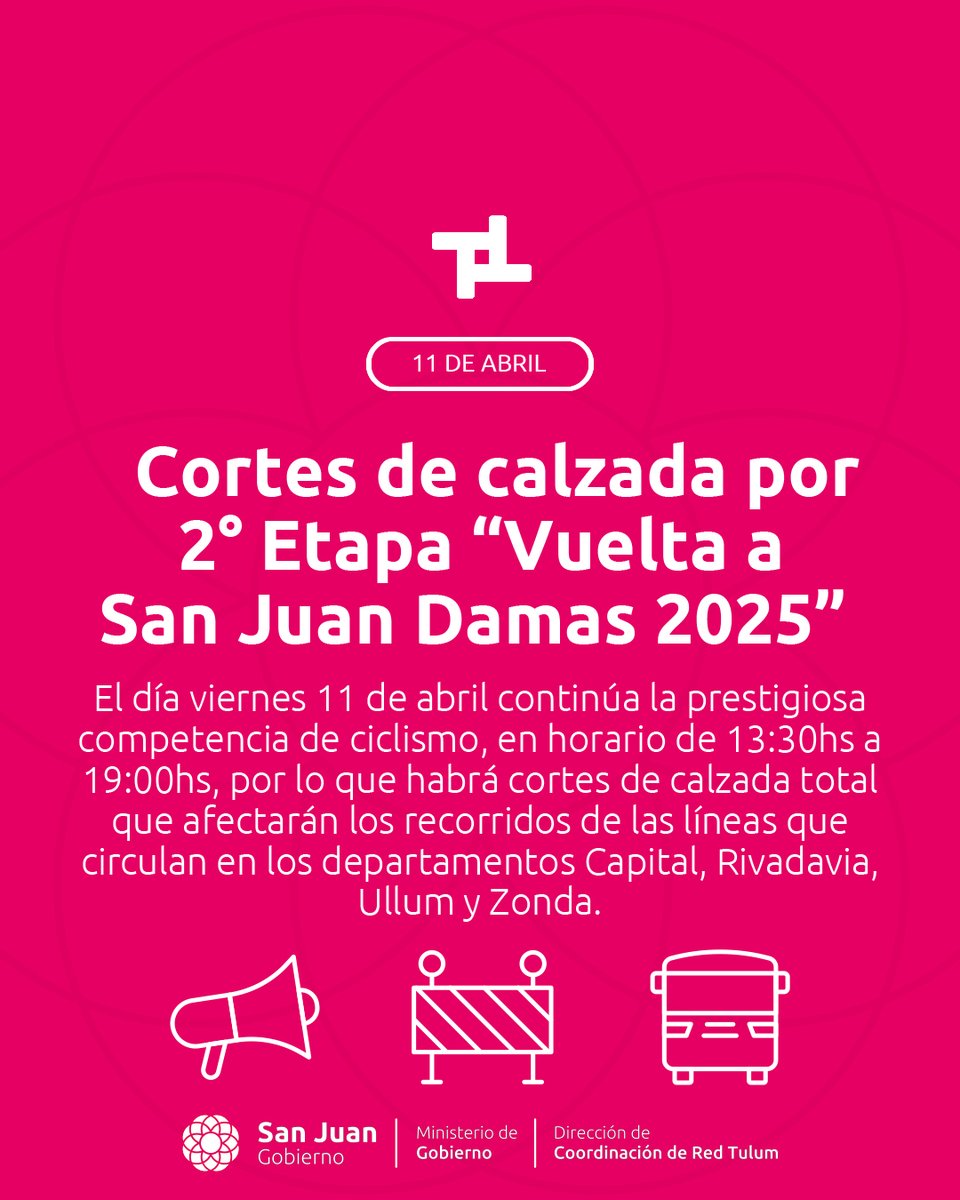 redtulumsj's tweet photo. ⚠️🚍Cortes de calzada por 2° Etapa"Vuelta a San Juan Damas 2025”🚍⚠️
Deslizá para conocer los detalles👉
¡Informate y no te quedes sin viajar!
@MinGobSanJuan
@sisanjuanok
#RedTulum #MinGobierno #LauraPalma #TránsitoyTransporte #SUBE #MarceloOrrego #SanJuan #SanJuanArgentina https://t.co/uuR8HcqRmB