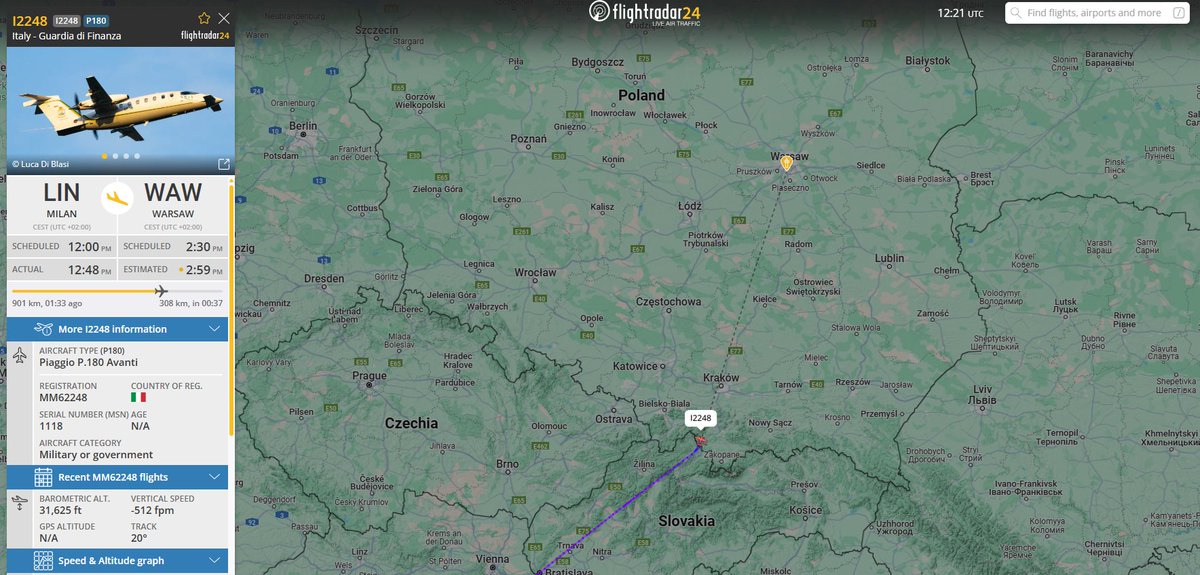 PolishMilRadar's tweet photo. ⌚️11.04 14:22LT
🇮🇹Guardia di Finanza (włoska policja)
✈️Piaggio P.180 Avanti #MM62248
#I2248 na wysokości przelotowej FL310
🛫Mediolan #LIML
🛬Warszawa #EPWA
🔗https://t.co/37q9p3h8eV
#POLMILRADAR https://t.co/W54WmkmvlR