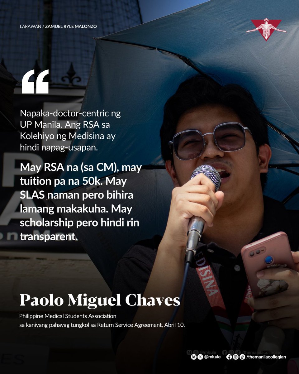 mkule's tweet photo. TINGNAN: Matapos ang mahigit isang dekadang pagpapatupad ng Return Service Agreement (RSA) sa Unibersidad ng Pilipinas Maynila, isiniwalat ng mga estudyante at lider-kabataan ang kanilang danas at kahingian sa kampanyang #StopandReviewRSA. https://t.co/BYkl4XNKnv