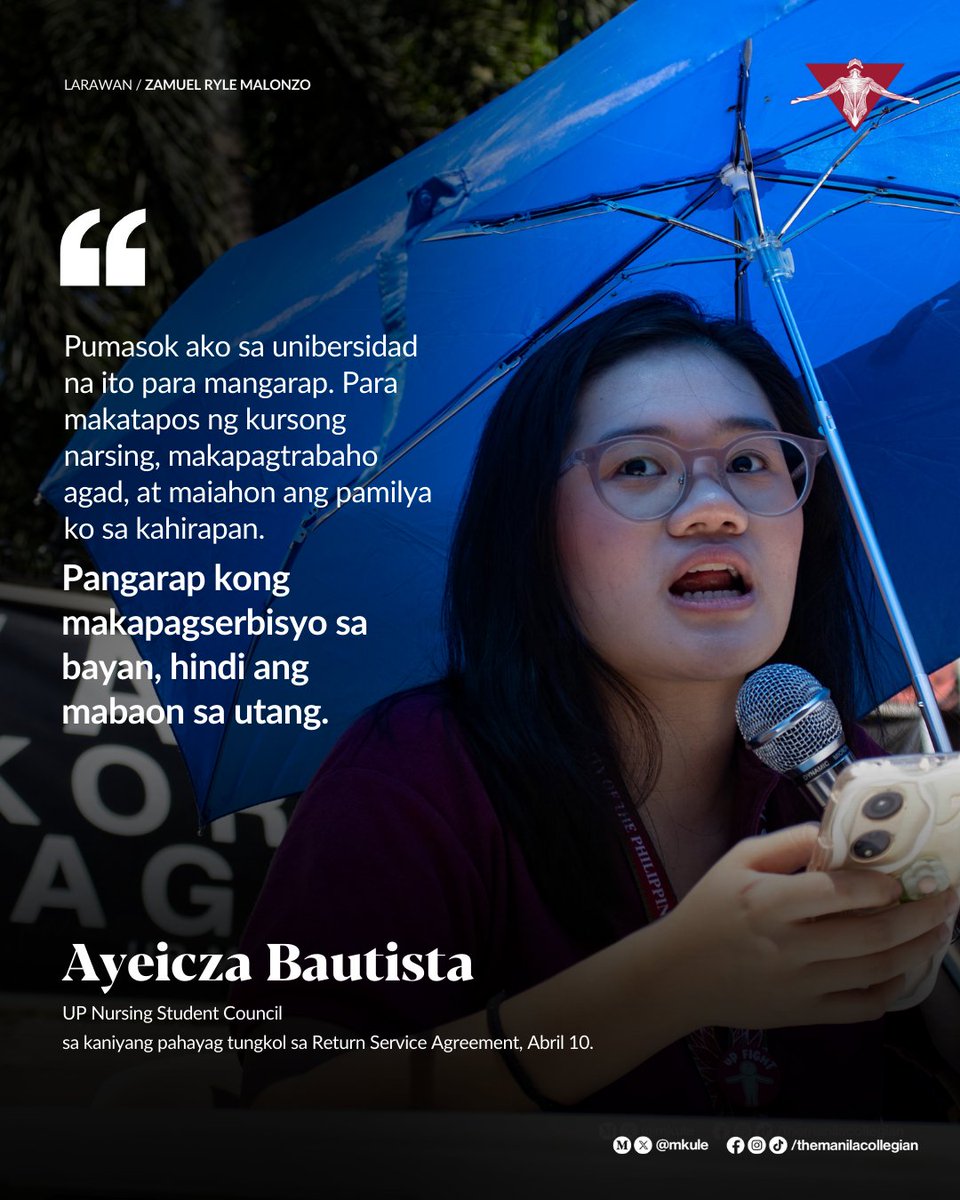 mkule's tweet photo. TINGNAN: Matapos ang mahigit isang dekadang pagpapatupad ng Return Service Agreement (RSA) sa Unibersidad ng Pilipinas Maynila, isiniwalat ng mga estudyante at lider-kabataan ang kanilang danas at kahingian sa kampanyang #StopandReviewRSA. https://t.co/BYkl4XNKnv