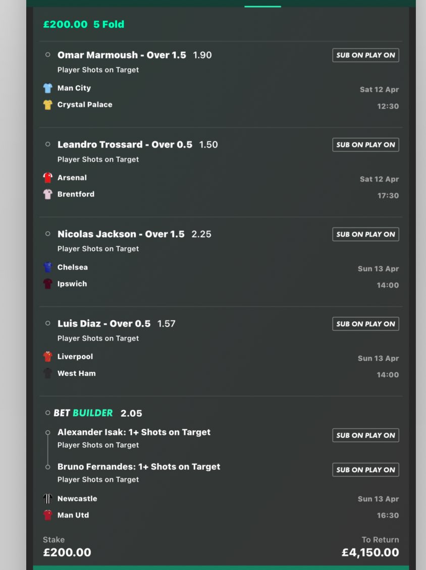 £200.00 INTO £4,150.00💷😍

PREMIER LEAGUE SOT ACCA⚽️⚽️

IF THIS WINS I WILL GIVE £500💷 TO 2 PEOPLE WHO ❤️AND RETWEET THIS POST.

BRING IT ON🤌