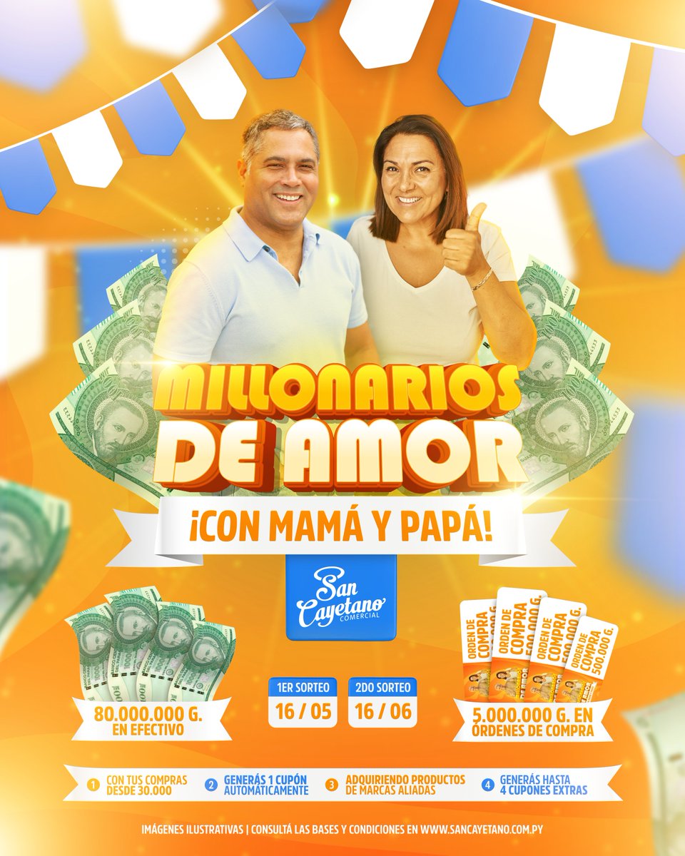 Conocé la nueva promo🎉“Millonarios de amor ¡con Mamá y Papá! con la que vas a participar por premios millonarios en efectivo. 

Desde hoy, comprando en #SanCayetanoComercial a partir de 30mil guaraníes ya generás un cupón automáticamente🎫
 
1er Sorteo: 16/05 2do Sorteo: 16/06🥳