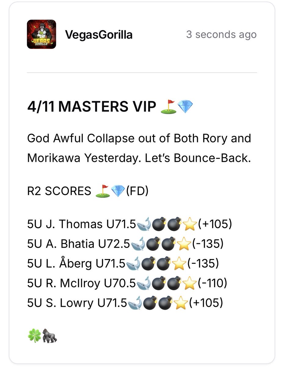 vegas_gorilla's tweet photo. #MASTERS VG VIP ROUND 2 ⛳️💎🦍
Awful Collapse Yesterday on the 2 R1 Plays. Let’s Bounce-Back Today. ⛳️💰
❤️LIKE= TAILING THE JUNGLE 💎🦍
JOIN VIP TODAY. FREE TRIAL. 🏀⛳️⚾️💎🚨⏭️https://t.co/EPgQBjlyHx⏮️
🍀🦍
#Masters #mastersweek #Mastersbets #Masterspicks #Golf #themasters https://t.co/MaumYBG3aA