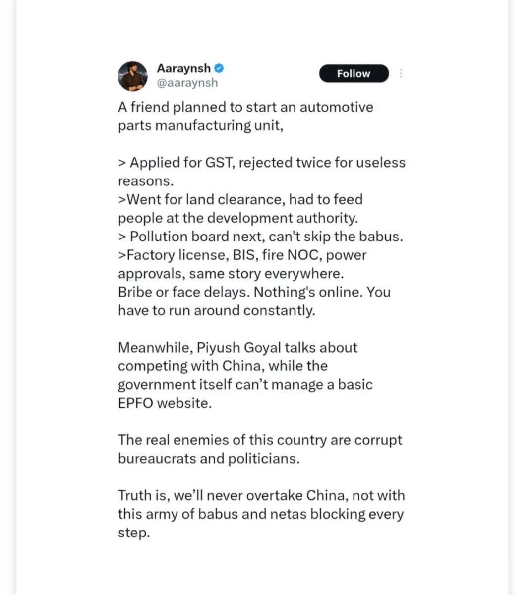 _myndz__'s tweet image. Spent our lives cleaning the mirror, but the dust was on our face. Competing with China is a joke if we can&apos;t fix our own system #corruption #piyushgoel