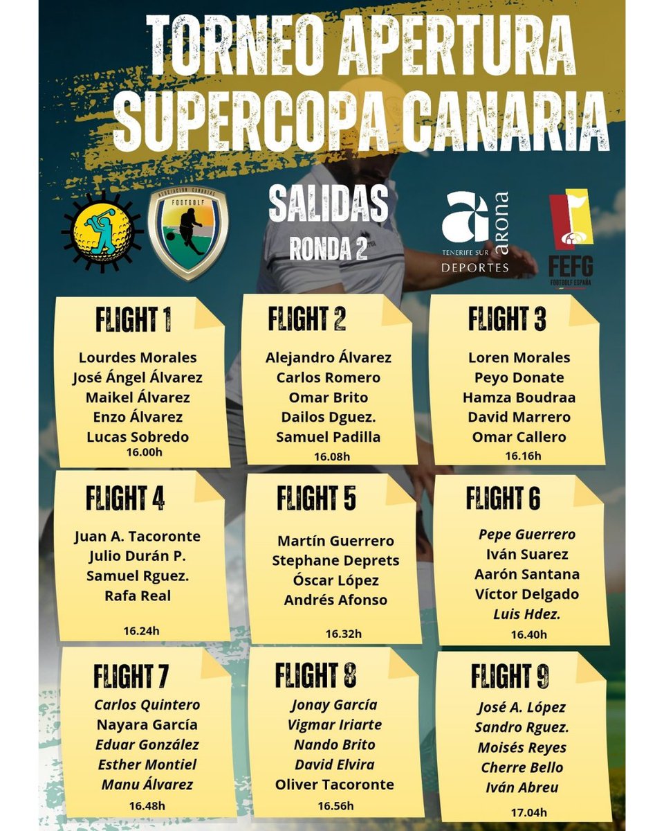 Canarias FootGolf (@canariasfg) on Twitter photo Familia @canariasfootgolf ... Ya tenemos las Salidas para el día de mañana en la Ronda 2️⃣ del Torneo Apertura - Supercopa 🇮🇨.... <a href="/golflospalos/">Golf Los Palos</a> acoge la última ronda para conocer a los/las campeones/as de los primeros 🏆 de la temporada en Tenerife y Canarias 💪
Suerte a tod@s 🍀 Familia @canariasfootgolf ... Ya tenemos las Salidas para el día de mañana en la Ronda 2️⃣ del Torneo Apertura - Supercopa 🇮🇨.... <a href="/golflospalos/">Golf Los Palos</a> acoge la última ronda para conocer a los/las campeones/as de los primeros 🏆 de la temporada en Tenerife y Canarias 💪
Suerte a tod@s 🍀