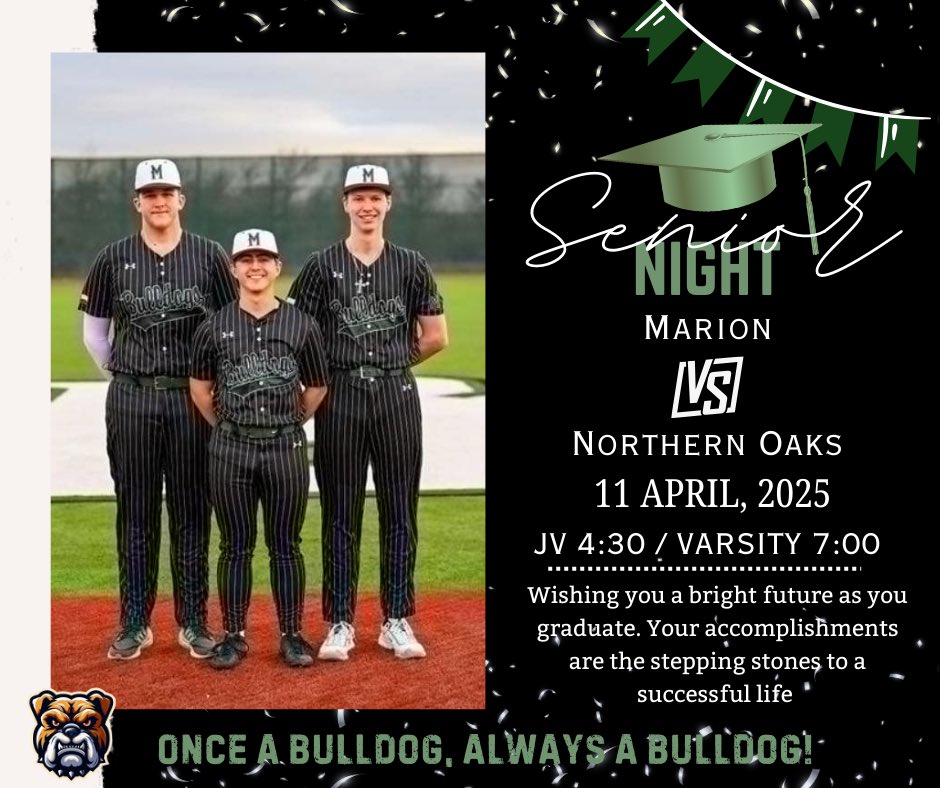 Please join us tonight for our final home district game and Senior Night. We’d like to send these guys off in style so come on out, be loud, and cheer for the good guys! #WIT
<a href="/CoachTTesch/">Tim Tesch</a>  <a href="/Coach_TaylorMHS/">Gordon Taylor</a> <a href="/Coach__Call/">Joel Call</a> <a href="/Marion_Bulldogs/">Marion Bulldog Athletics</a>