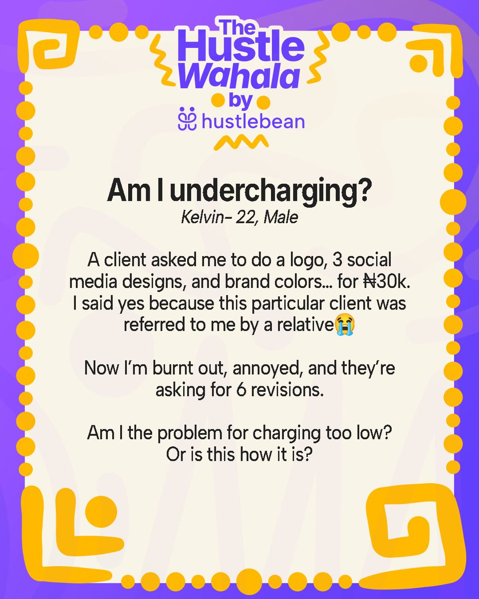 hustlebean_'s tweet photo. “Am I the problem for charging too low or is this how it is?”

What do you think Kelvin should do in this situation?

#Hustlebean #HustleWahala #RealLifeRealTalk #gigcommunity https://t.co/WiUTO2pwyv
