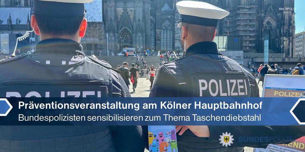 bpol_nrw's tweet photo. Das Präventionsteam der #Bundespolizei 👮‍♂️👮 war heute von 11:00 Uhr an am Hauptbahnhof 🚉 in #Köln und am Bahnhof Köln Messe/Deutz vertreten, um zum #Ferienstart gegen Taschen- sowie Handgepäckdiebstähle zu sensibilisieren und aufzuklären.
Mehr unter: https://t.co/YPBh4SX3FW 
*MO https://t.co/uaqObCXOtx