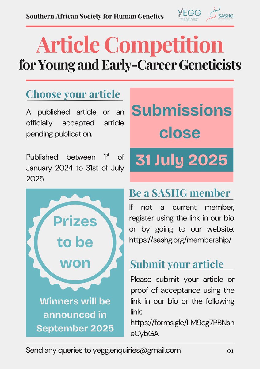 SAHumanGenetics's tweet image. 📝 ARTICLE COMPETITION ALERT!
Calling all Young Investigators! Do you have a recently published or soon-to-be-submitted article? Here&apos;s your chance to showcase your work and win great prizes!

Details in the post. Submit below or follow link in bio forms.gle/LM9cg7PBNsneCy…
#SASHG