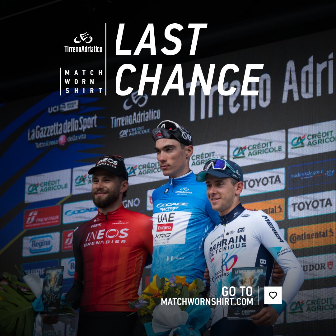 Time is running out ⌛️
Make sure you grab one of the champion-signed Tirreno Adriatico <a href="/CA_Ita/">Crédit Agricole Italia</a> jerseys. Just a few hours left before the auction closes, hurry up! 💥

👉 l.matchwornshirt.com/hdxbDq 

<a href="/matchworm/">Matchworm</a>