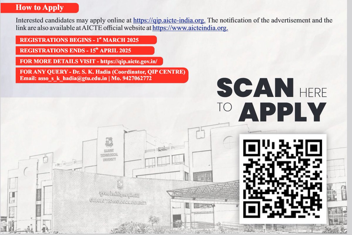 GsetGtu's tweet photo. Admission Open!!!!!!
Quality Improvement Program (QIP) is an initiative by the AICTE aimed at enhancing the quality of faculty in technical institutions across India. It provides opportunities for faculty members from AICTE-approved colleges to pursue higher studies (ME/Ph.D.) https://t.co/DJDgA1IjMS