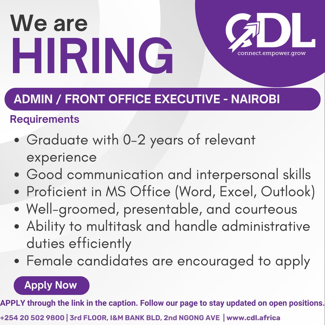 CDLAfrica's tweet photo. WE’RE HIRING: Admin / Front Office Executive
Our client, a leading IT company specializing in SAP S/4 HANA ERP solutions across East Africa and India, is looking for a Front Office Executive.
Apply here: https://t.co/1lv0ibrvEy
#NowHiring #AdminJobs #FrontOfficeExecutive  #hiring https://t.co/PZxcKyNRPl