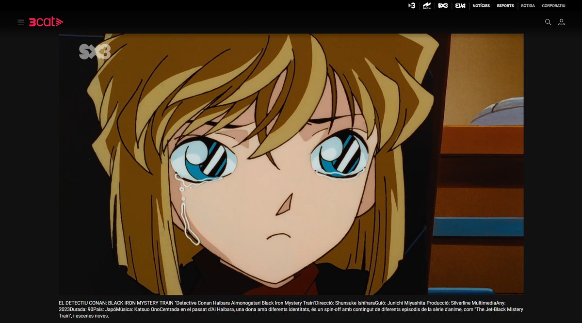Hola! TV3 ha penjat a la pàgina web l'especial d'"El Detectiu Conan: Black Iron Mystery Train".

El podeu veure clicant al següent enllaç: bit.ly/3E6w9TQ.

I no caducarà d'aquí a 15 dies. Estarà disponible fins al 30/11/2026.

Agrairia molt un retuit. Gràcies!